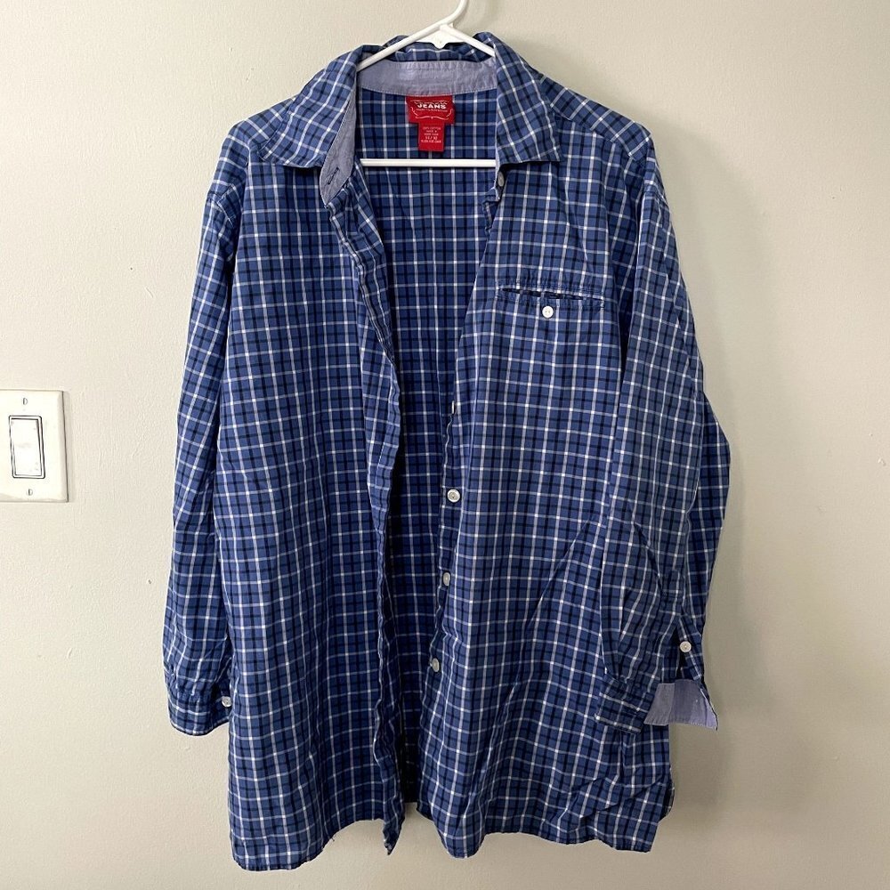 Venezia jeans blue black white checkered long sleeved button down shirt men's